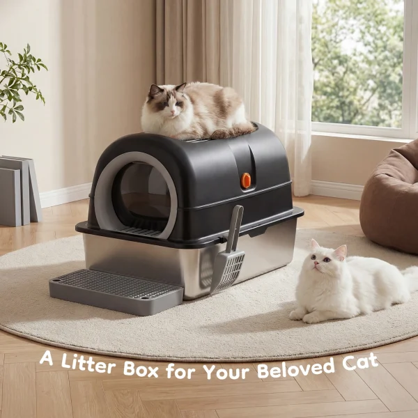 Cat Stainless Litter Box with Scoop and Mat