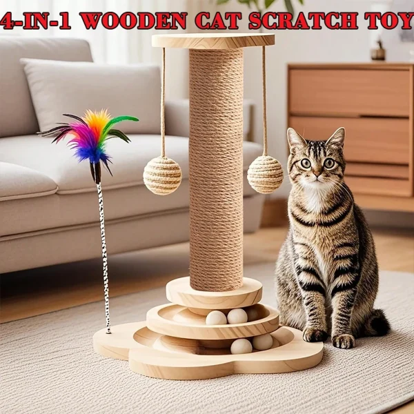 4-in-1 Wooden Cat Scratcher with Ball Track & Feather Toy